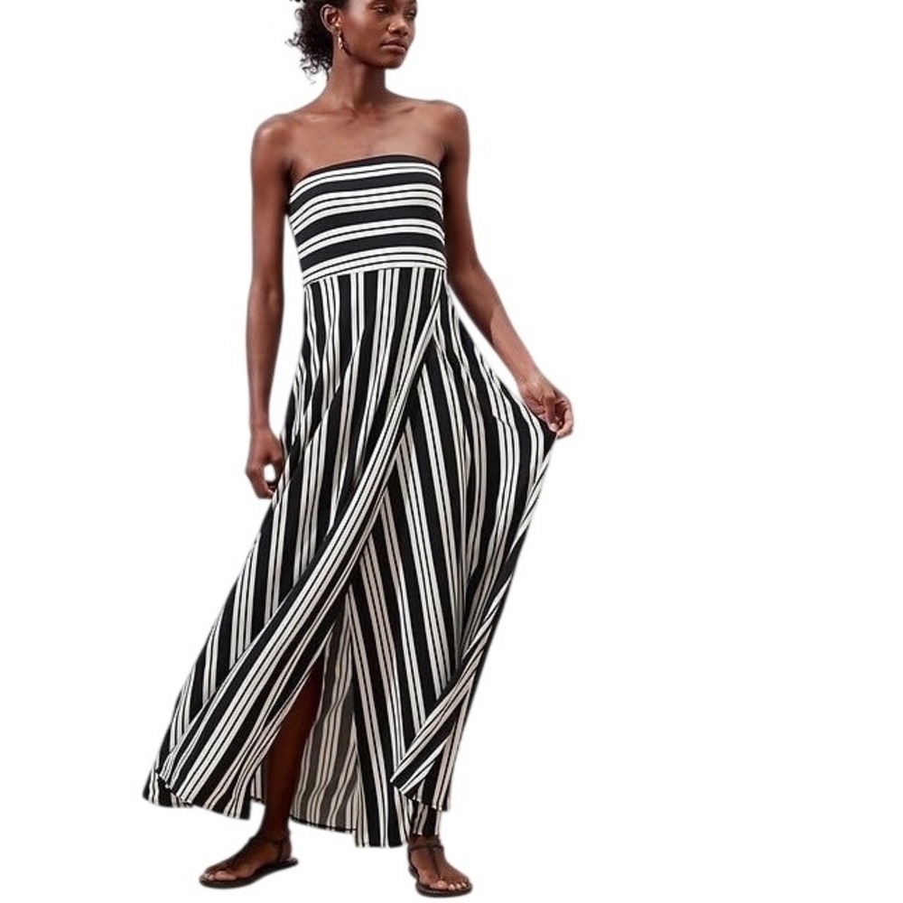 Banana Republic Womens Maxi Dress XS Black White Stripe Strapless Vacation